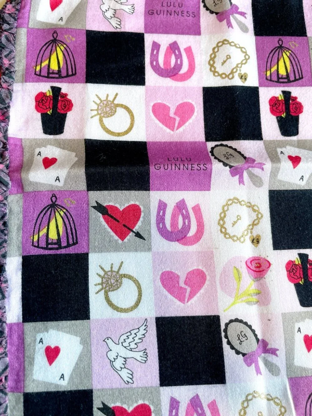 Lulu Guinness London Scarf – Retro Pink Check Pattern, Ruffle Border - Picture 10 of 12